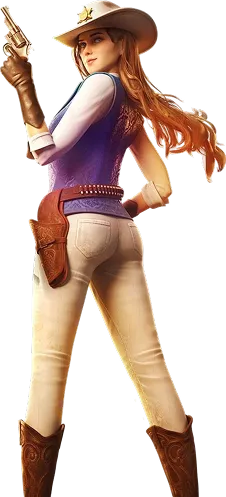 A female sheriff in western attire holding a revolver